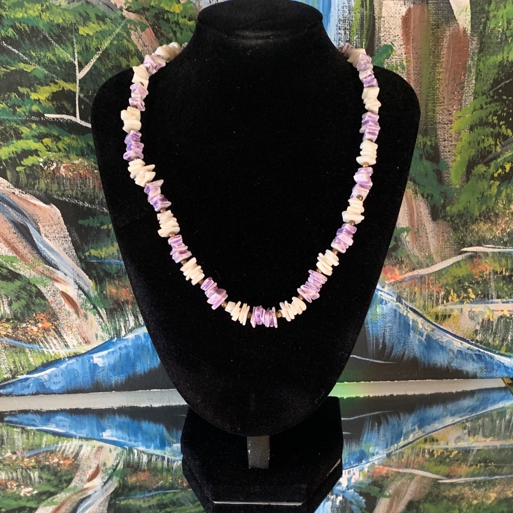 Chic Purple and White Chipped Sea Shells Necklace. Length 16"